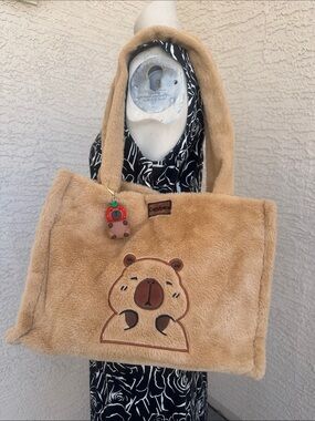 Capybara Plush Kids Tote Bag in Tan with capybara bag charm